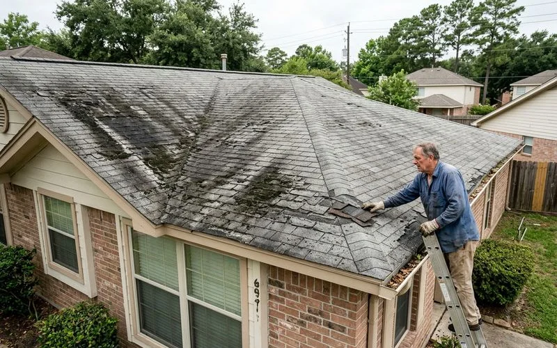 Diagram showing how algae growth accelerates roof deterioration and shortens shingle lifespan
