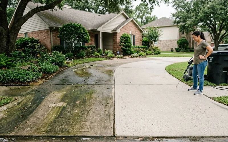 Before and after concrete patio cleaning showing removal of dark algae stains and grime