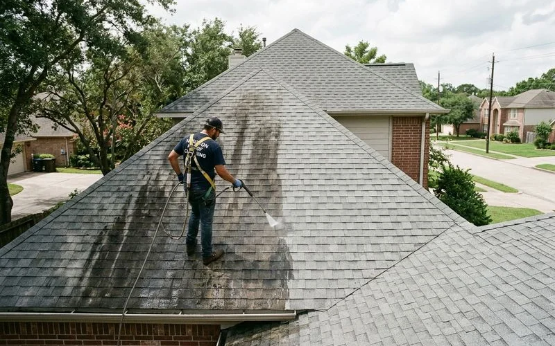 Before and after roof cleaning comparison showing dramatic black streak removal from residential asphalt roof