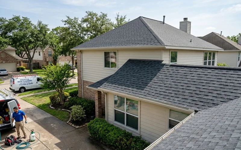 Homeowner admiring clean maintained roof after professional soft wash cleaning service