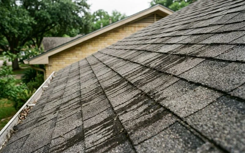 Close-up of black algae streaks on asphalt roof shingles caused by Gloeocapsa magma