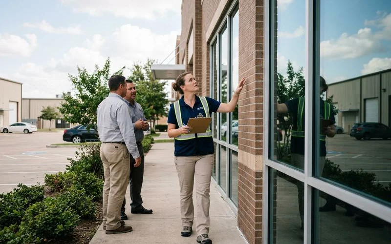 Commercial property manager inspecting clean building exterior after professional washing