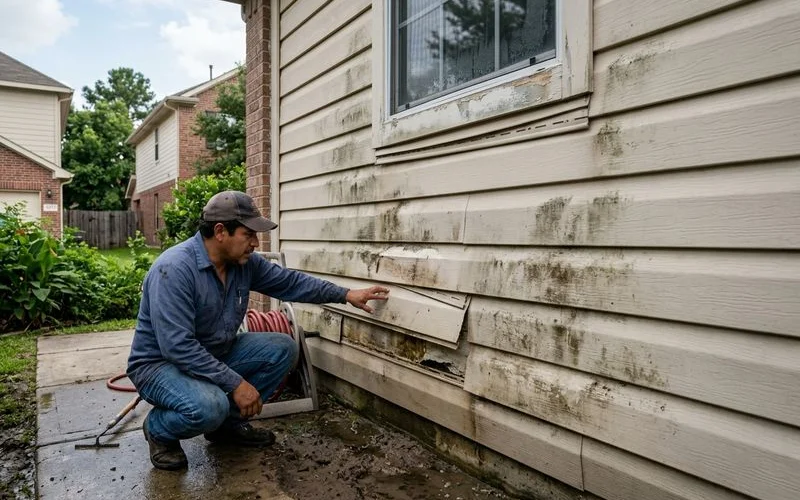 Damaged vinyl siding showing water intrusion marks from improper DIY pressure washing too close