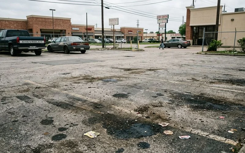 Dirty commercial parking lot with visible oil stains and gum deposits before cleaning