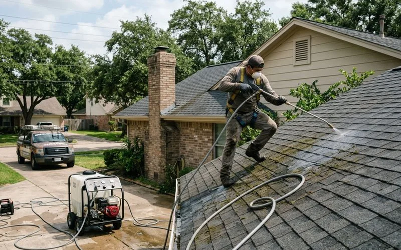 Professional roof cleaning technician applying soft wash solution from ground level without walking on roof