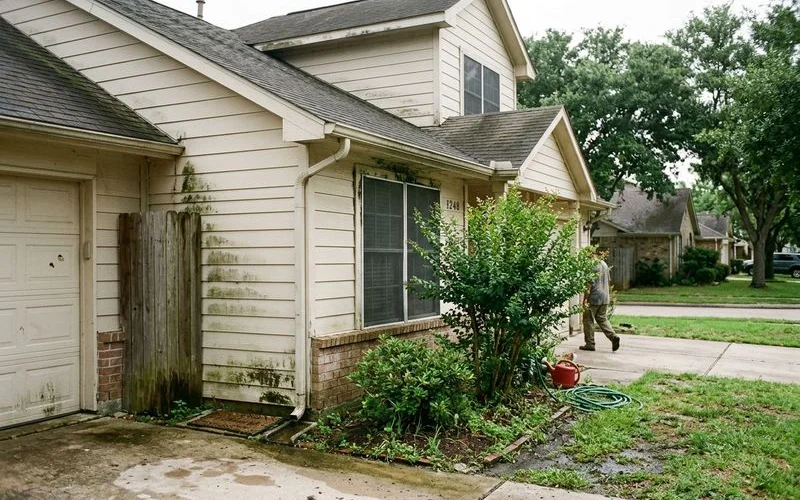 Houston home exterior showing early signs of mold and algae growth that indicates cleaning is needed