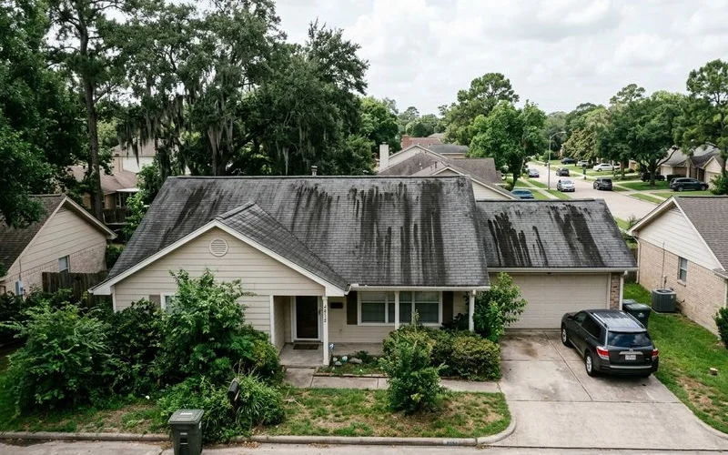 Houston residential roof showing extensive black algae streaking across the entire surface
