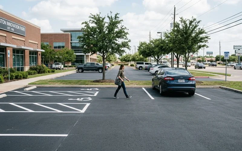 Pristine commercial parking lot with clean surface markings and well-maintained appearance