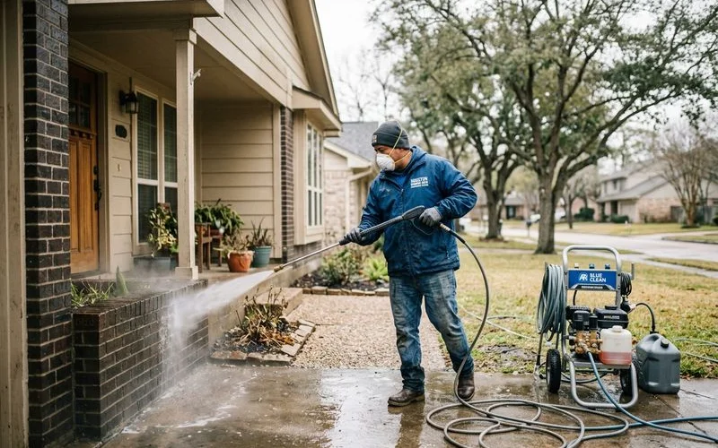 Professional pressure washing team cleaning home exterior during mild Houston winter weather