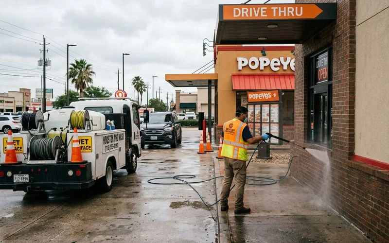 Professional restaurant exterior cleaning crew working on drive-through and entryway area