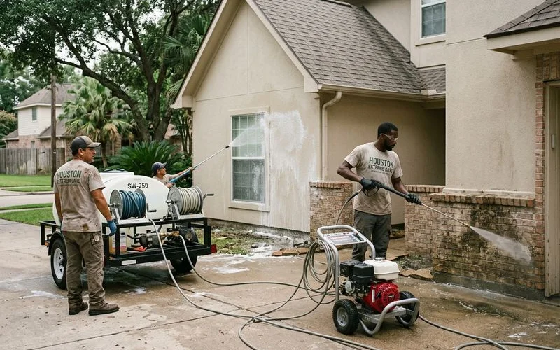 Side by side comparison of soft washing and pressure washing equipment and techniques